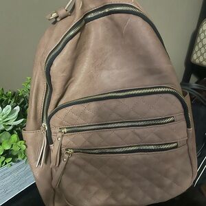 Quilted Brown Backpack with Gold Zippers
